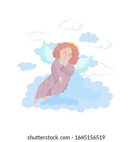 Cute little Angel isolated on a white background. Vector illustration of a dreaming Angel in the clouds with wings and halo.