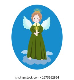 Cute little angel of light at night holding a candle. Vector hand drawn illustration.