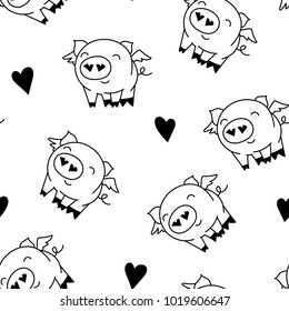 Cute little angel pigs in love seamless pattern, vector illustration