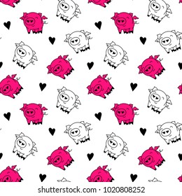 Cute little angel pigs in love seamless pattern, vector illustration