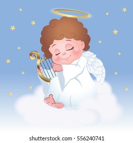 Cute little angel playing harp