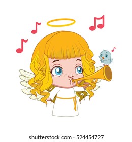 Cute little angel playing the trumpet