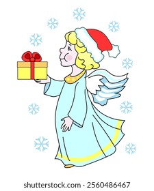 Cute little angel in Santa hat, with a gift box. Snowflakes background. Vector Christmas illustration, isolated on white.