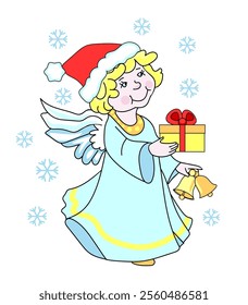 Cute little angel in Santa hat, with a christmas bell and gift box. Snowflakes background. Vector cartoon illustration, isolated on white.