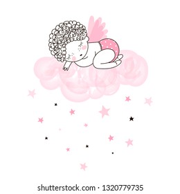 Cute little angel sleeping on pink cloud. Vector doodle illustration in pink colour for nursery girlish designs like textile apparel print, wall art, poster, stickers, cards and more.