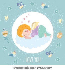 A cute little angel sleeps on a cloud.