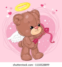 Cute little angel teddy bear with arrow of cupid on heart background. Greeting card with St. Valentine's Day.