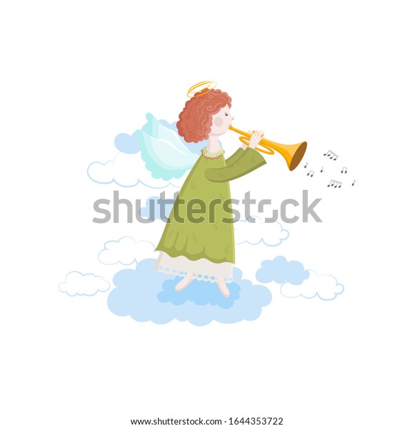 白い背景にかわいい小さな天使とトランペットの演奏音楽 翼と光輪の目を覚ます旋律や歌を持つ 空に浮かぶ天使のベクターイラスト のベクター画像素材 ロイヤリティフリー
