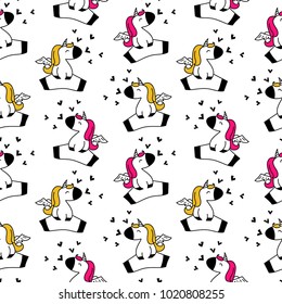 Cute little angel unicorns in love seamless pattern, vector illustration