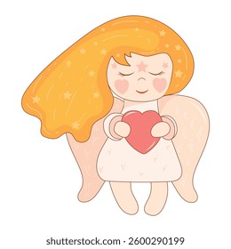 Cute little angel with wings. Dreamy angel with closed eyes and heart in hands. Flat Christian vector illustration in childish style. Vector illustration for postcard.