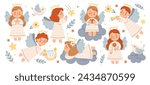 Cute little angels with gold nimbus and wings wearing white dress holy kid character flying and floating in sky between clouds playing music instrument, reading bible, praying vector illustration
