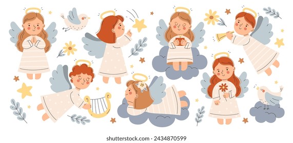 Cute little angels with gold nimbus and wings wearing white dress holy kid character flying and floating in sky between clouds playing music instrument, reading bible, praying vector illustration