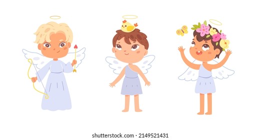 Cute little angels kids set vector illustration. Cartoon funny girls and boys with halo and wings, birds, butterfly and flowers, cherub characters from heaven holding bow and arrow isolated on white