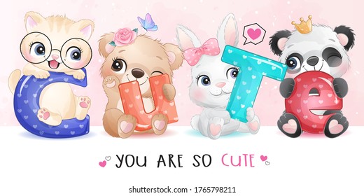 Cute little animal with cute alphabet illustration