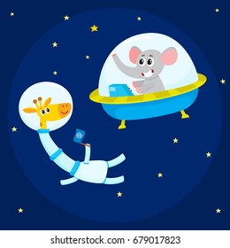 Cute little animal astronaut, spaceman characters, elephant in spaceship and giraffe wearing spacesuit, in open space, cartoon vector illustration. Elephant and giraffe astronauts, spacemen in space