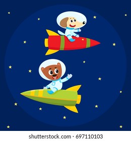 Cute little animal astronaut, spaceman characters, dog and bear, wearing spacesuits, riding rockets in open space, cartoon vector illustration. Dog and bear astronaut, spaceman characters in space