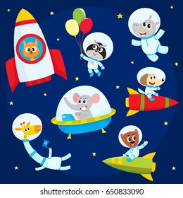 Cute little animal astronauts, spacemen flying in rocket, space suits, ufo, cartoon vector illustration isolated on a white background. Little baby animal astronauts, spacemen flying in open space