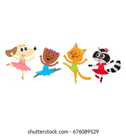 Cute little animal characters - cat, dog, bear, raccoon - dancing ballet, cartoon vector illustration isolated on white background. Baby animals, ballet dancers, ballerinas in tutu and pointed shoes