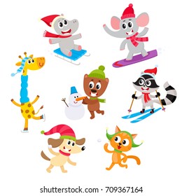 Cute Little Animal Characters Doing Winter Activities, Having Fun, Cartoon Vector Illustration Isolated On White Background. Set Of Baby Animal Characters Having Fun In Winter, Playing Outside