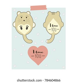 Cute little animal couples with hearts and text I love you. Vector cartoon illustration can be used for baby t-shirt, print design, baby shower, greeting and invitation card.