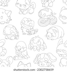 Cute little animal pets with a kind smiling faces and big eyes. Vector repeated seamless pattern drawn in a simple graphic outline style. Coloring book page design