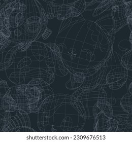Cute little animal pets with a kind smiling faces and big eyes. Vector repeated seamless pattern drawn in an outline 3d mesh style