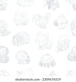 Cute little animal pets with a kind smiling faces and big eyes. Vector repeated seamless pattern drawn in an outline 3d mesh style