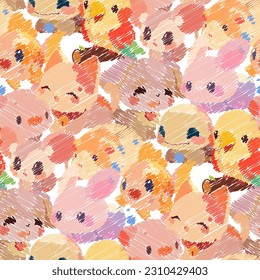 Cute little animal pets with a kind smiling faces and big eyes. Vector repeated seamless pattern drawn in a childish hatching style