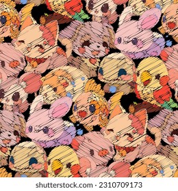 Cute little animal pets with a kind smiling faces and big eyes. Vector repeated seamless pattern drawn in a childish hatching style