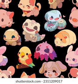 Cute little animal pets with a kind smiling faces and big eyes. Vector repeated seamless pattern drawn in a cartoon colored outline style