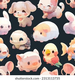 Cute little animal pets with a kind smiling faces and big eyes. Vector repeated seamless pattern drawn in a cartoon 3d mesh style