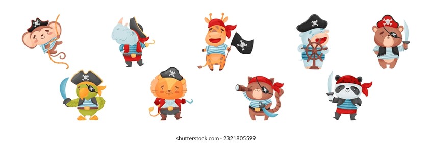 Cute Little Animal Pirate in Corsair Hat and Bandana Vector Set