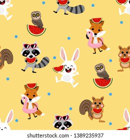 Cute little animal wildlife with watermelon in summer seamless pattern Squirrel, owl, rabbit, fox and raccoon cartoon character vector. 