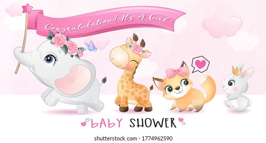 Cute little animals with baby shower illustration