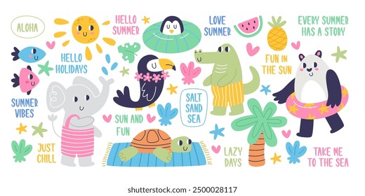 Cute little animals cartoon characters having fun on seashore beach enjoying summer vacation using sunbathing and swimming accessories childish set with handwritten lettering vector illustration