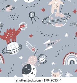 Cute little animals catches the stars in the cosmos. Vector texture in childish style great for fabric and textile, wallpapers, backgrounds. Gray background.