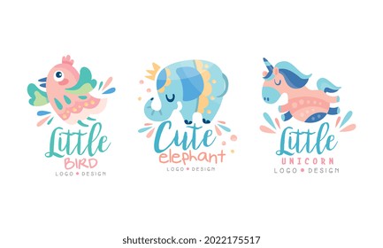 Cute Little Animals Creativo Logo Design Set, Kids Club, Shop Brand Identity Bads Cartoon Vector Ilustración