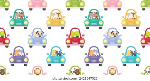 Cute little animals driven car seamless childish pattern. Funny cartoon animal character for fabric, wrapping, textile, wallpaper, apparel. Vector illustration.
