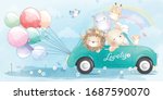 Cute little animals driving a car