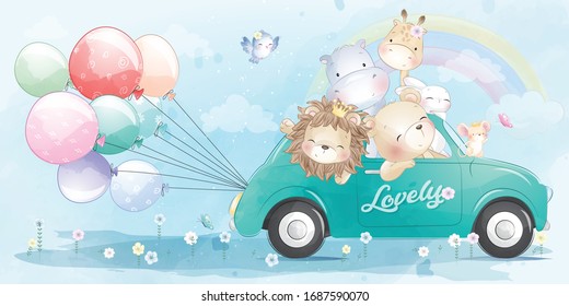 Cute little animals driving a car