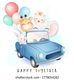 Cute little animals driving a car with watercolor illustration