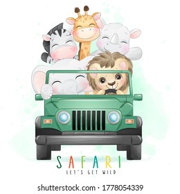 Cute little animals driving a car with watercolor illustration