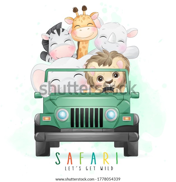 Cute little animals driving a car with\
watercolor illustration