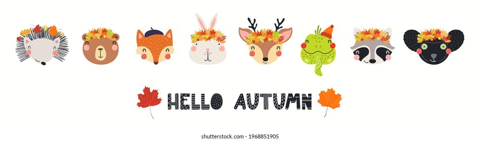 Cute little animals faces in leaves wreathes, quote Hello Autumn, isolated on white. Hand drawn vector illustration. Scandinavian style flat design. Concept kids fashion, textile print, poster, card.