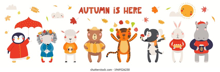 Cute little animals, falling leaves, quote Autumn is here, isolated on white. Hand drawn vector illustration. Scandinavian style flat design. Concept for kids fashion, textile print, poster, card.