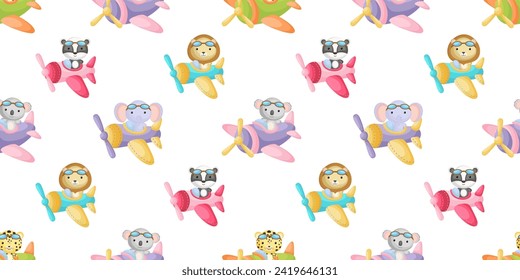 Cute little animals fly on plane seamless childish pattern. Funny cartoon animal character for fabric, wrapping, textile, wallpaper, apparel. Vector illustration.