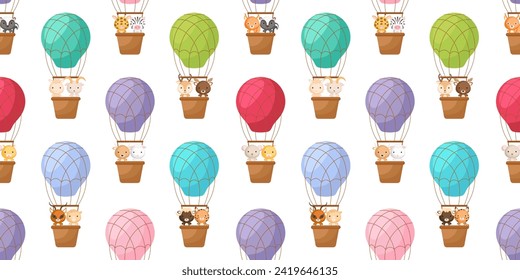 Cute little animals fly on hot air balloons seamless childish pattern. Funny cartoon animal character for fabric, wrapping, textile, wallpaper, apparel. Vector illustration.