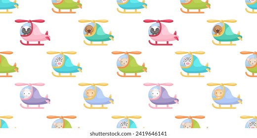Cute little animals fly on helicopter seamless childish pattern. Funny cartoon animal character for fabric, wrapping, textile, wallpaper, apparel. Vector illustration.