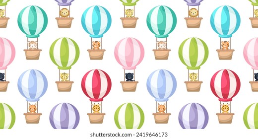 Cute little animals fly on hot air balloons seamless childish pattern. Funny cartoon animal character for fabric, wrapping, textile, wallpaper, apparel. Vector illustration.