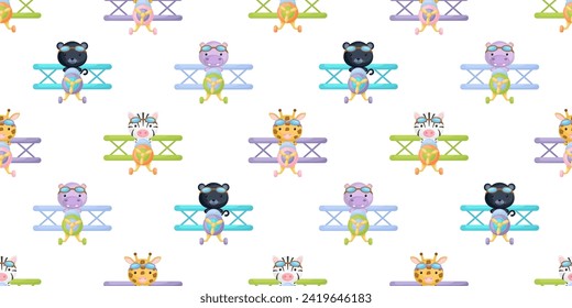 Cute little animals fly on plane seamless childish pattern. Funny cartoon animal character for fabric, wrapping, textile, wallpaper, apparel. Vector illustration.